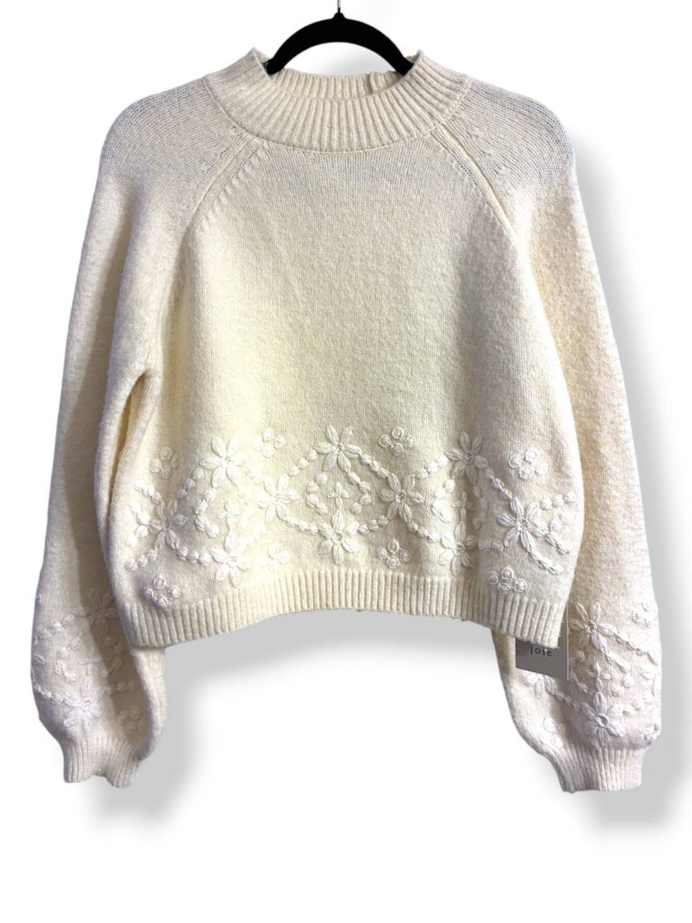 🤍 Joie Embroidered Sweater Floral Knit Puff Sleeve Cream Cozy NWT Medium